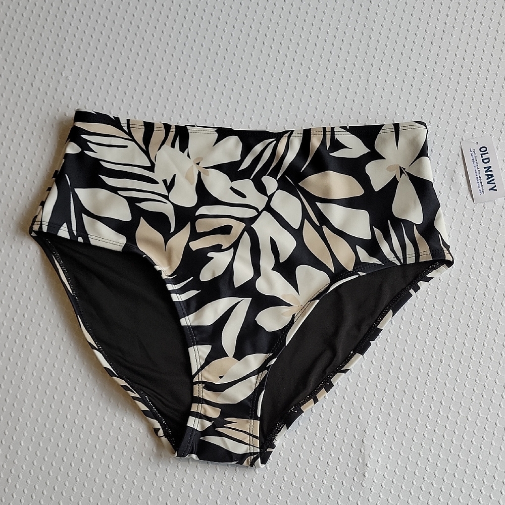 NWT Old Navy Black & Cream Tropical Leaf Print High-Waisted Bikini Swim Bottoms